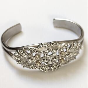 Silver Tone Filigree Faux Pearl Rhinestone Frosted Glam Bridal Cuff Bracelet